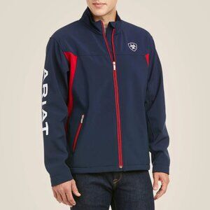 Ariat Team Navy Blue & Red Softshell Full-Zip Spell Out Logo Jacket. Mens Large